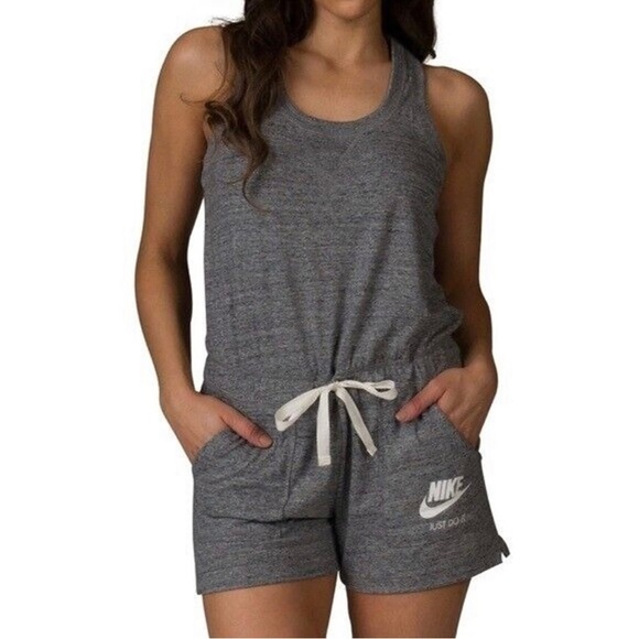 Nike Pants - Nike Size Large Gray Romper with white waist tie and pockets